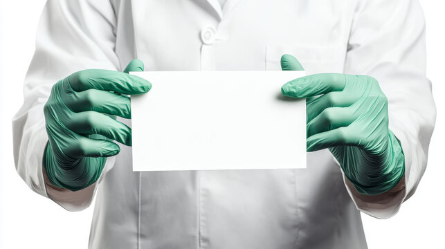 3D illustration set of doctor hands in green medical gloves with blank banner templates isolated on white background. Medicine student, therapist, dentist, pediatrician showing clinic. 3D Illustration