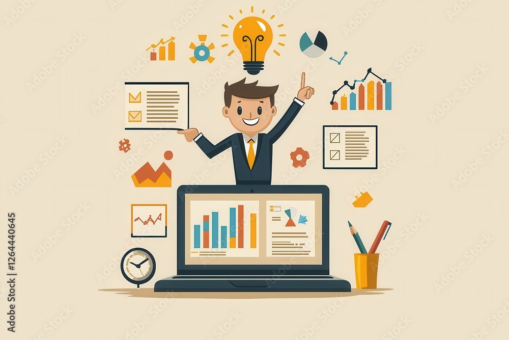 Poster cartoon businessman presenting data insights concepts with imaginative visuals