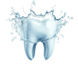 Shiny tooth surrounded by fresh water splash, isolated on white background
