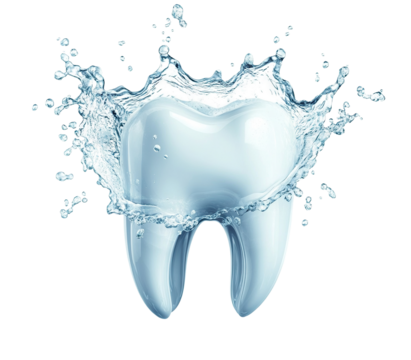 Shiny tooth surrounded by fresh water splash, isolated on white background