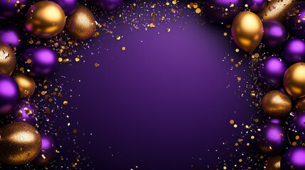 Purple birthday or anniversary horizontal banner with flying helium balloons and confetti ribbons. Realistic 3d vector illustration of holiday surprise celebration and congratulation template.