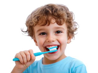 Happy young boy brushing his teeth with a blue toothbrush, isolated on transparent cutout background