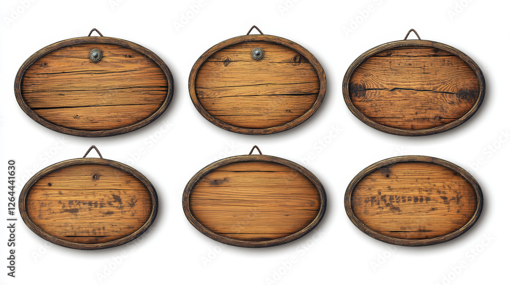 Poster wood texture game sign board vector realistic banner set. isolated rustic farm ui icon interface des