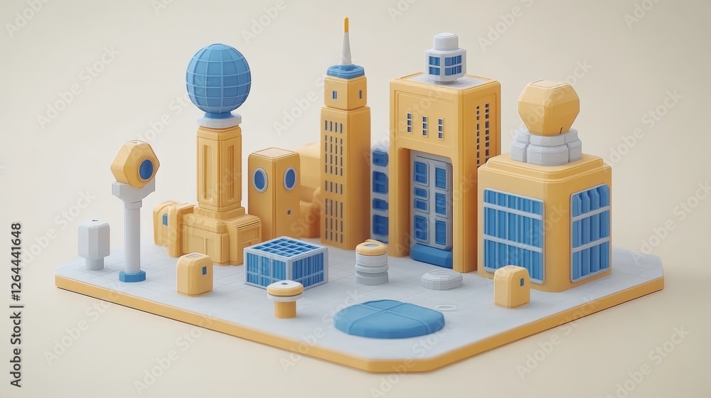 Poster abstract miniature cityscape block architecture design model 3d render