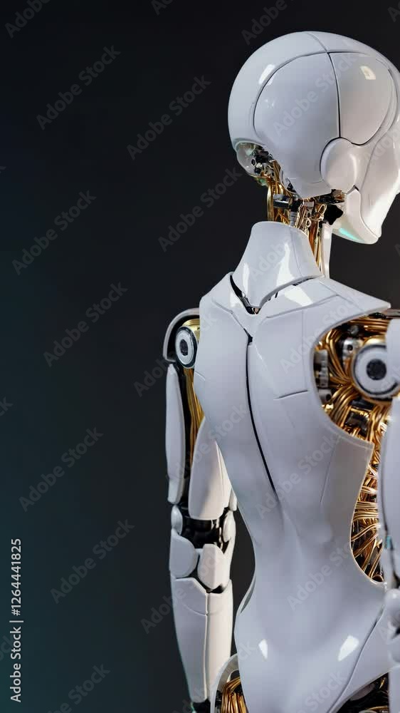 Poster Futuristic humanoid robot with a sleek porcelain-like face and exposed golden circuitry