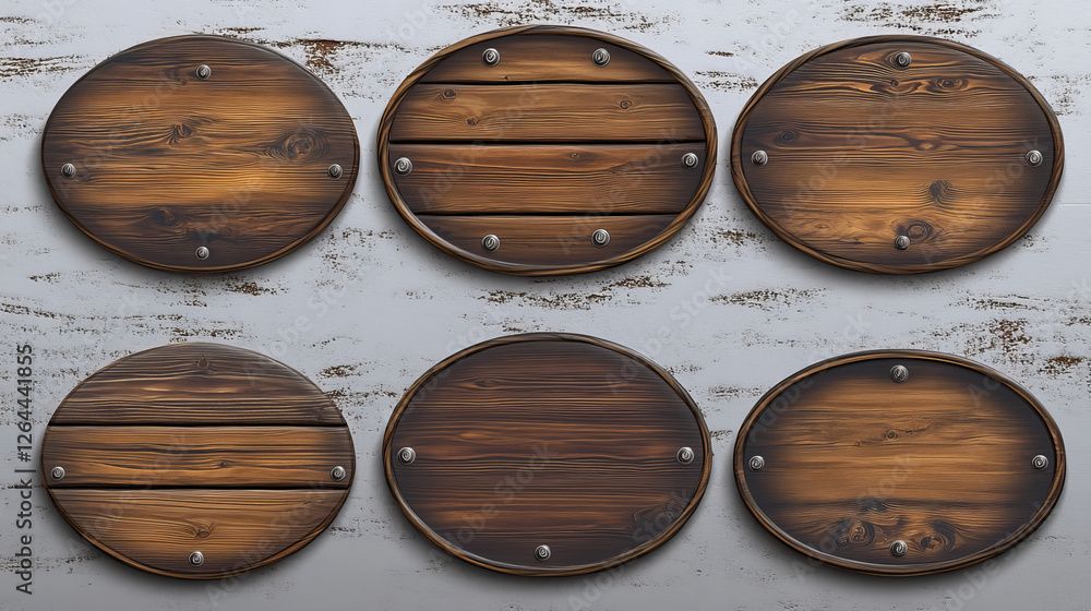 Poster wood texture game sign board vector realistic banner set. isolated rustic farm ui icon interface des