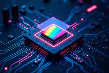 Close-up Microchip Integrated Circuit on Printed Circuit Board.