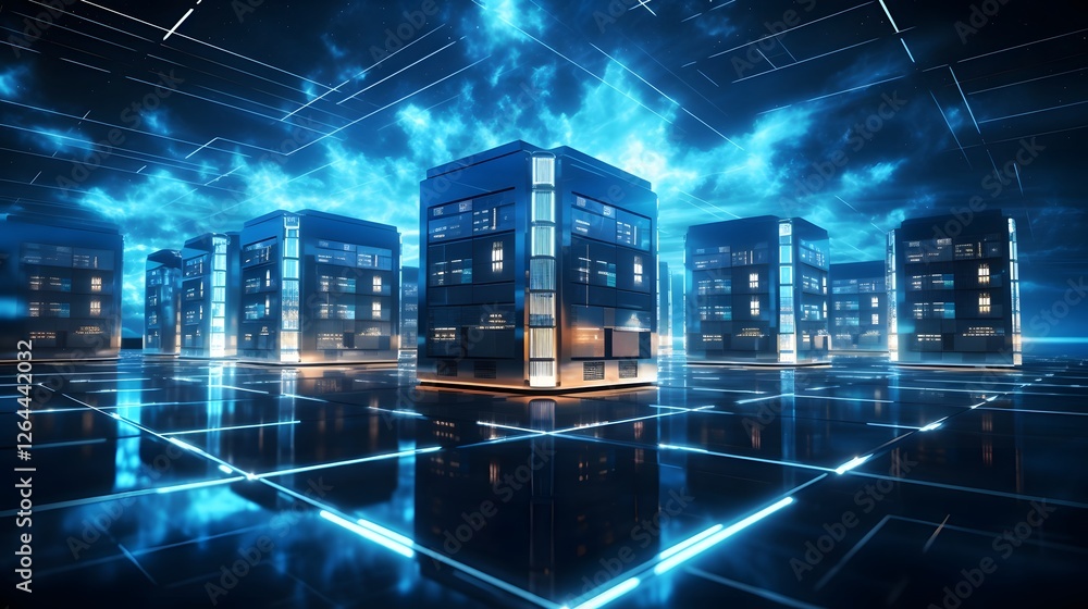 Poster futuristic cybersecurity data center with encrypted glowing servers powering cutting edge digital in