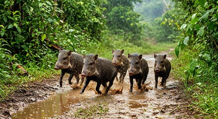 Fototapeta premium A Herd of White-Lipped Peccaries Sprinting Through a Muddy Jungle Trail After a Heavy Downpour