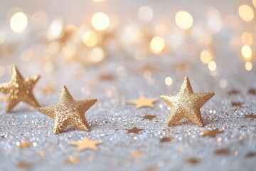 Glittery gold stars on silver background with bokeh. Perfect for holiday cards, festive websites, or celebratory designs.