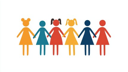 Diverse Group of Cartoon Girls Holding Hands in Teamwork Symbolization for Millennial and Gen Z
