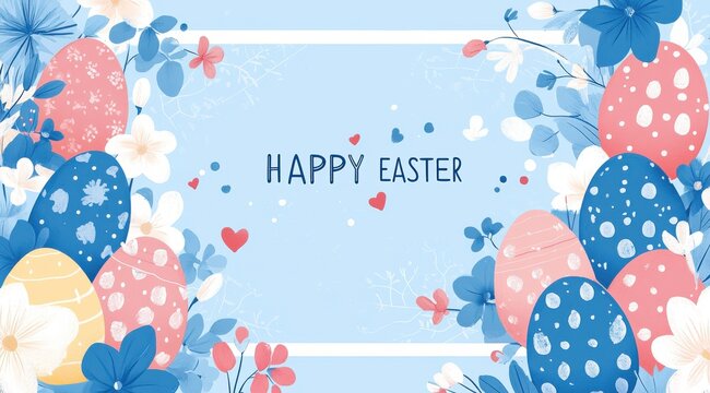 Easter greeting card with decorated eggs and floral background in vibrant colors