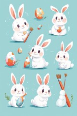 Cute cartoon rabbits painting colorful Easter eggs on pastel backgrounds