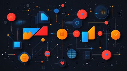 Obraz premium Abstract Data Visualization: Network of interconnected shapes and icons representing data flow, digital technology, and information processing.