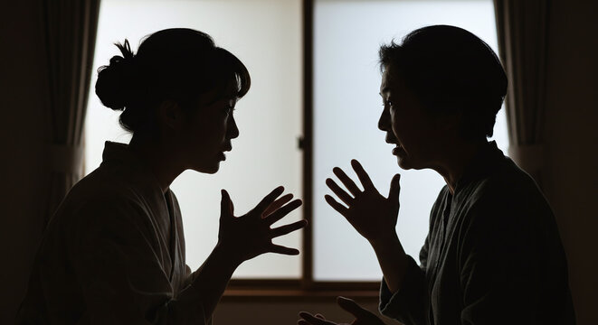 親子の口論・嫁と姑・家庭内トラブルのイメージ・シルエット