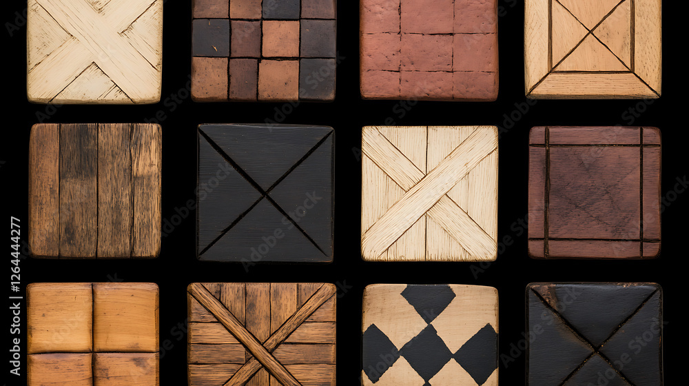 Poster array of carved wooden square blocks decorative woodwork design art craft rustic textures surfaces
