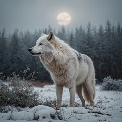 Obraz premium A white wolf howling in a serene winter setting with no distractions in the background.