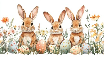 Watercolor illustration of rabbits with floral elements and easter eggs