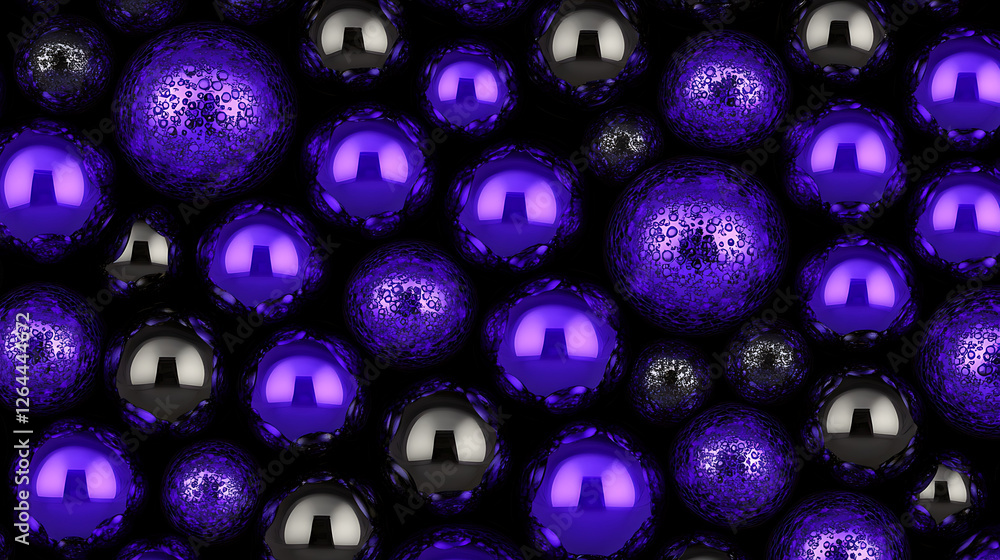 Poster array of shiny purple and silver spheres on black backdrop with textured surface reflections
