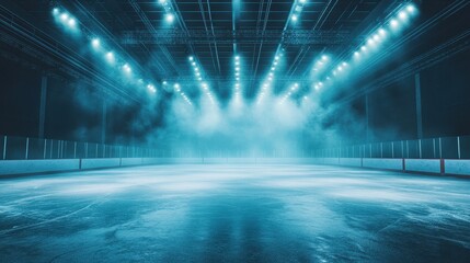Empty, dimly lit ice rink with blue lighting. Ideal for sports, winter, or performance backgrounds.