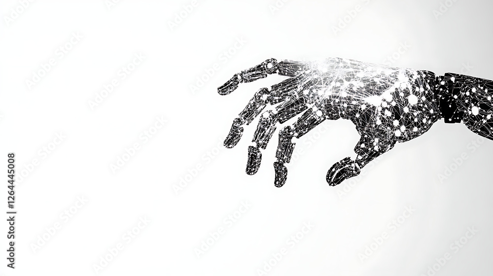 Poster artificial hand reach connecting dots and lines network technology digital interface concept design