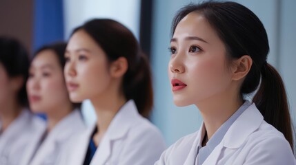 Fototapeta premium Empowered Asian female doctors presenting medical findings at a seminar