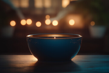 A beautifully lit bowl candle sits serenely, casting a warm glow across a blurred, inviting background, perfect for creating a peaceful ambiance in any space.
