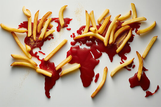 An unconventional representation of a world map made from crispy French fries and splattered ketchup, playfully combining food and geography in a creative way.