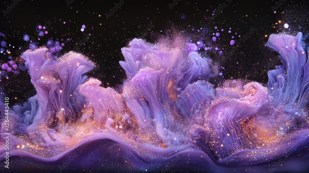 Poster purple paint powder splashes. flows of magic dust with glitter particles and sparkles. vector realis