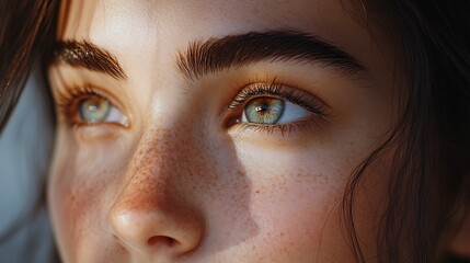 Fototapeta premium Closeup of a young womans face showcasing freckles and eyes