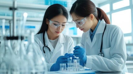 Stylish Asian female medical professionals working together in a high-tech research lab