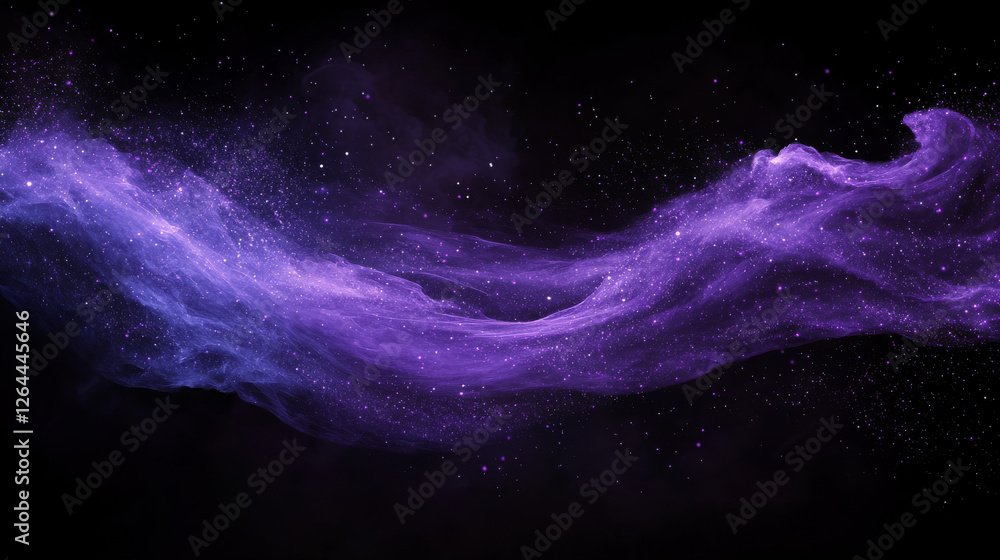Poster purple paint powder splashes. flows of magic dust with glitter particles and sparkles. vector realis