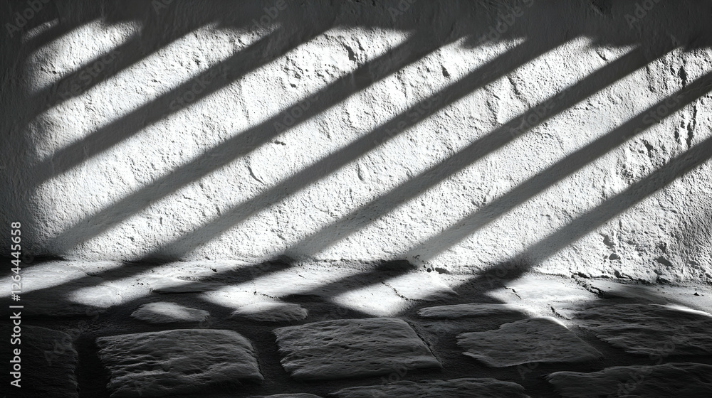 Poster dramatic black and white image of diagonal shadows cast on a textured wall and cobblestone floor, cr