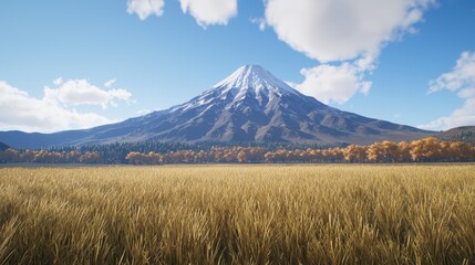 Obraz premium Ultra-detailed 3D Mount Fuji, surrounded by endless fields of golden grass in autumn.