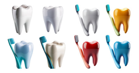 Colorful Toothbrush and Tooth Icons for Dental Care Illustration, isolated on transparent background