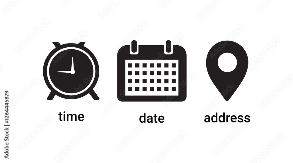 Poster time, date and address icon set. calendar, clock, location. editable stroke. linear vector outline i
