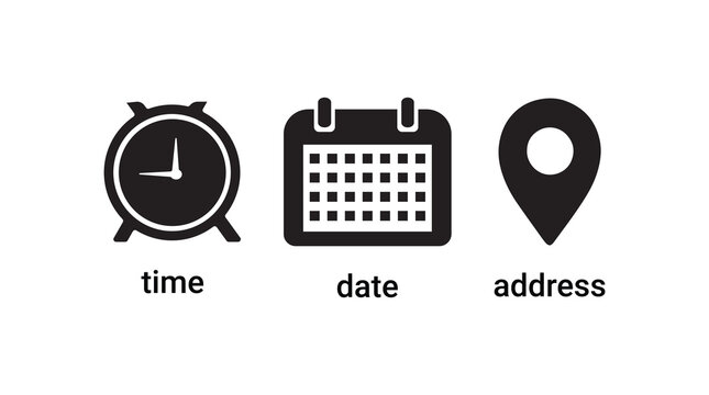 Time, date and address icon set. Calendar, clock, location. Editable stroke. Linear vector outline illustration. Vector illustration.