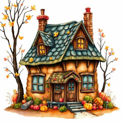 Enchanting Autumn Cottage, A Watercolor Dream of Seasonal Charm