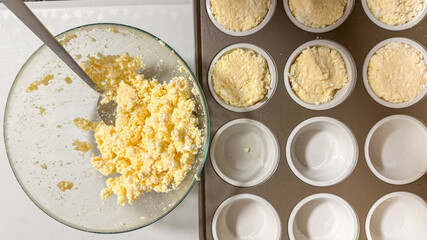 Preparation of dough for savory pies in a glass bowl, holiday baking, culinary process © fotoworld
