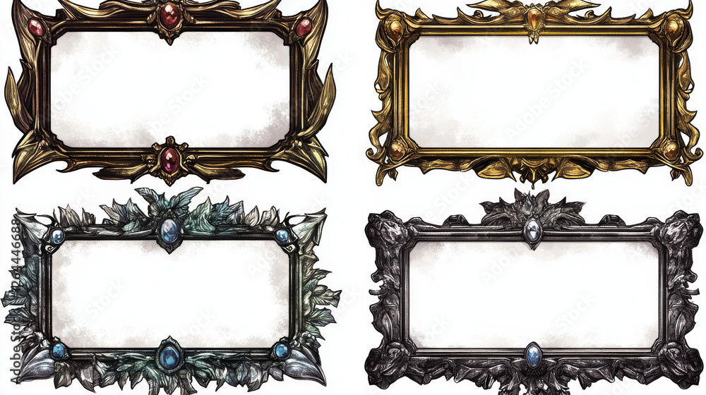 Aufkleber empty rectangle frames in medieval style for game ui design. vector cartoon set of user interface el