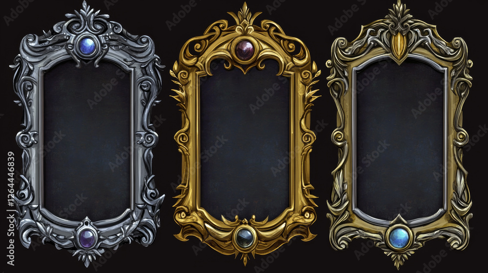 Aufkleber empty rectangle frames in medieval style for game ui design. vector cartoon set of user interface el