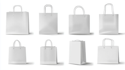 Paper shopping bags top and front view mockup, white packages with handles, blank rectangular ecological gift pack, isolated mock up for branding and corporate identity design, Realistic 3d vector set