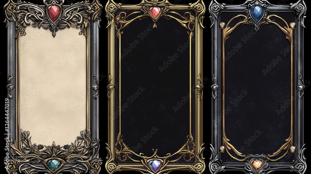 Aufkleber empty rectangle frames in medieval style for game ui design. vector cartoon set of user interface el