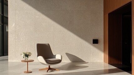 Modern chair in sunlit lobby, waiting area
