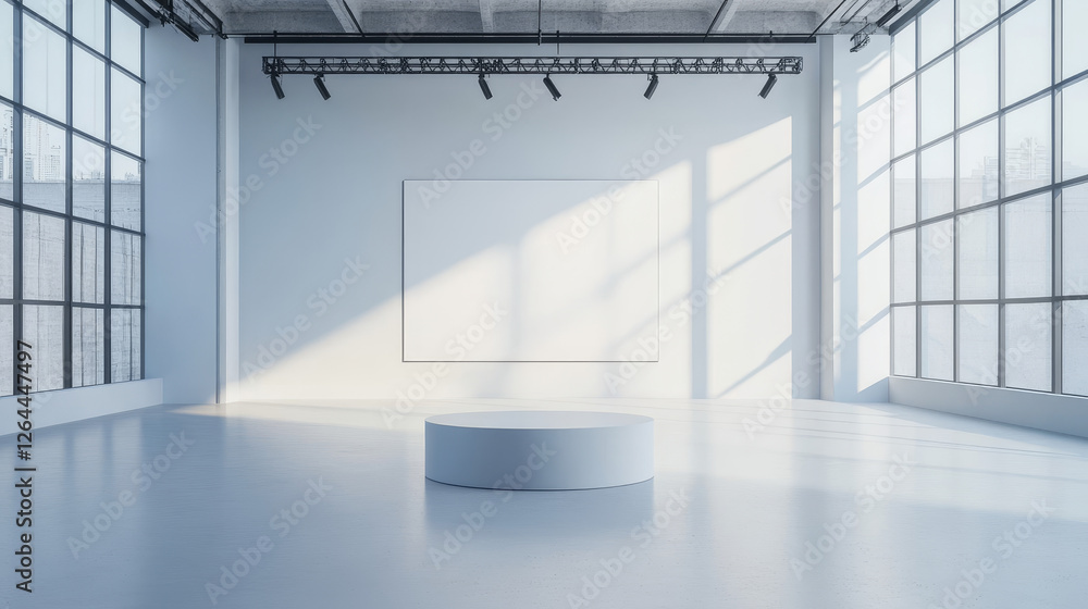 Poster 3d white product display podium platform in studio. abstract minimal scene with wall and light in ro