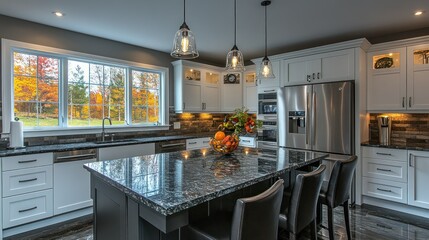 Modern Kitchen with Autumnal View