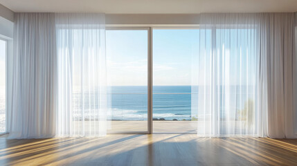 Fototapeta premium Glass windows with white silk curtains and overlooking to sea. Vector realistic interior of empty room in home or hotel with glass doors to balcony, terrace with railings