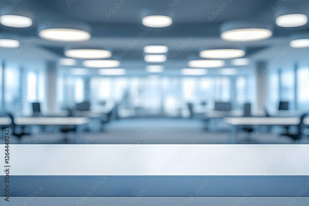 Poster empty modern office desk with blurred background of contemporary workspace. ideal for product displa