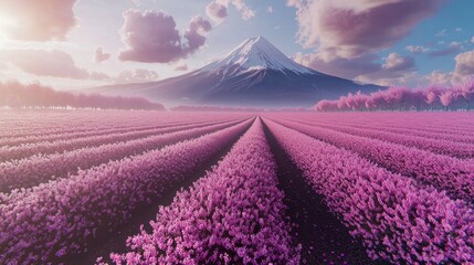 Naklejka premium Stunning 3D Mount Fuji, rising above endless fields of blooming pink cherry blossoms.
