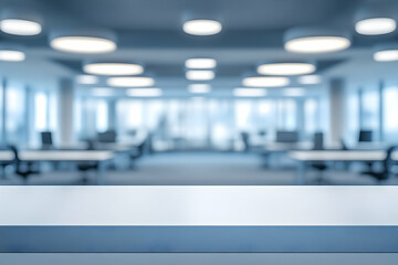 Fototapeta premium Empty modern office desk with blurred background of contemporary workspace. Ideal for product display or showcasing business concepts.